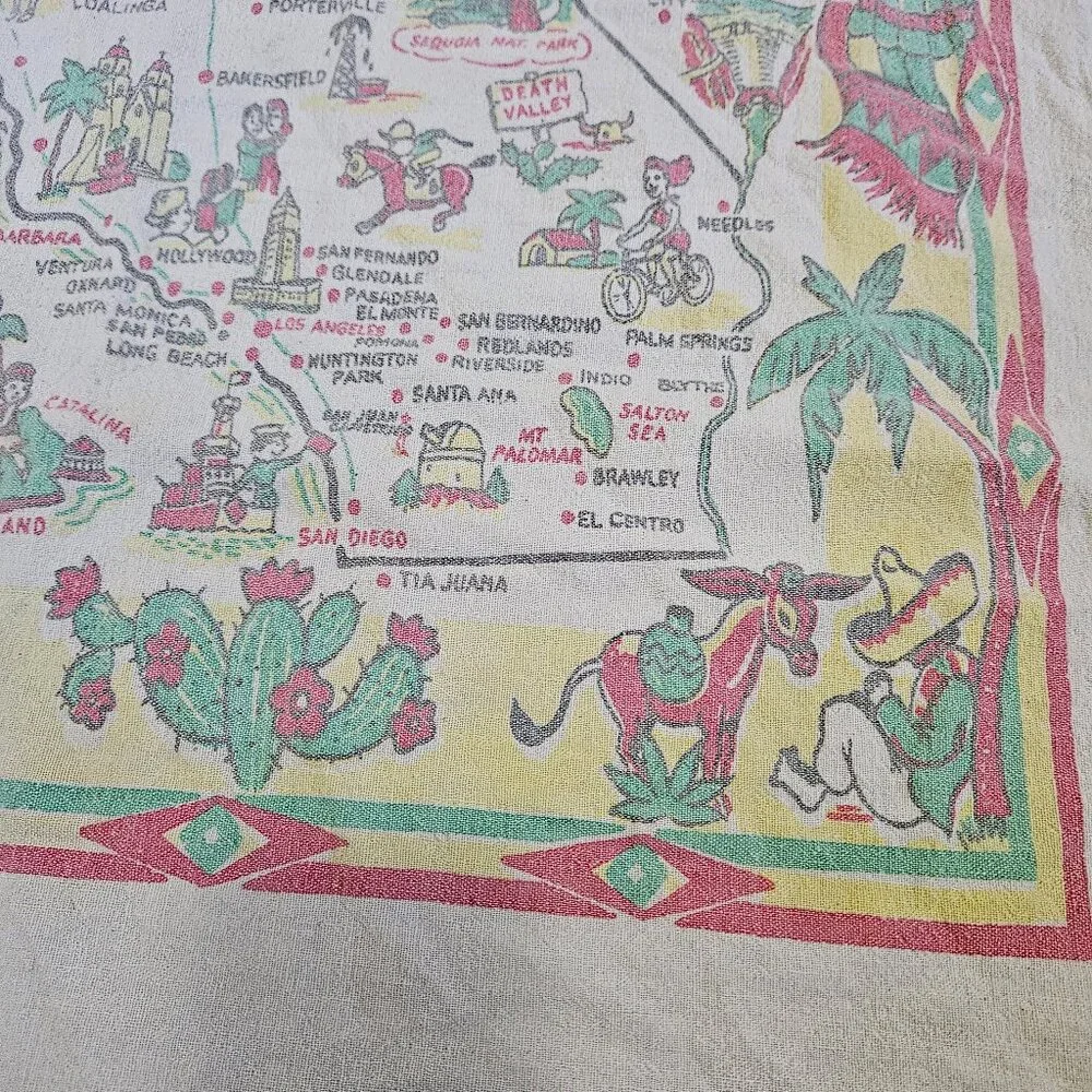 Vintage 40s Large Linen Kitchen Tea Towel California Souvenir Tourist Map 37x29